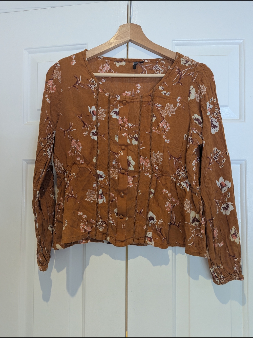 🎉3 For 30 Floral Button-Front Peasant Blouse Rust Brown Boho Cottagecore Fairy